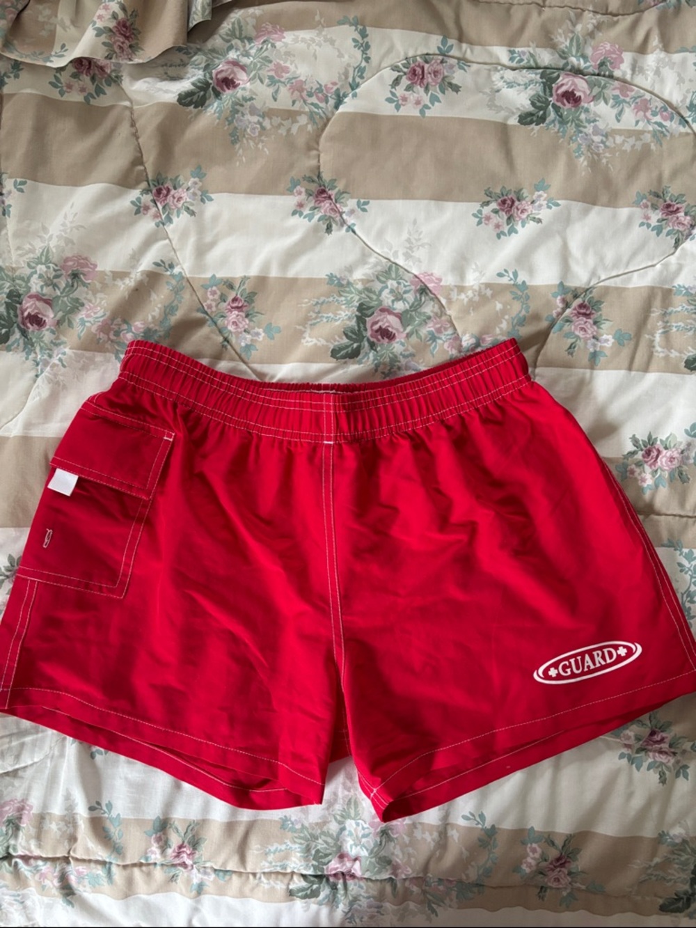 Red Lifeguard Swim Shorts with Utility Pocket